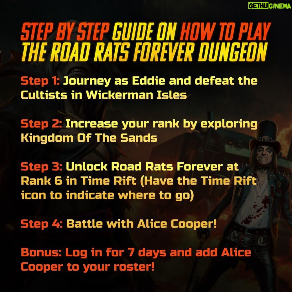 Alice Cooper Instagram - If you're NEW to Legacy of the Beast, download the game NOW and prepare for an epic adventure! Here's a quick guide to get started on your journey and how to jump in to the Alice Cooper dungeon event "Road Rats Forever"! 👊💥 🔗 https://bit.ly/RoadRatsForeverDungeon