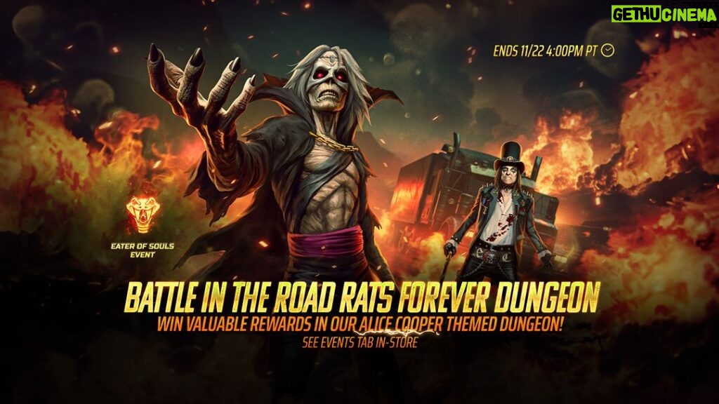 Alice Cooper Instagram - Alice has teamed up with Iron Maiden's Legacy of the Beast in their latest in-game collaboration! Embark on epic battles with Alice in the 'Road Rats Forever' Dungeon Event! 🔗 https://bit.ly/RoadRatsForeverDungeon #RoadRatsForeverEvent #LOTBxAliceCooper