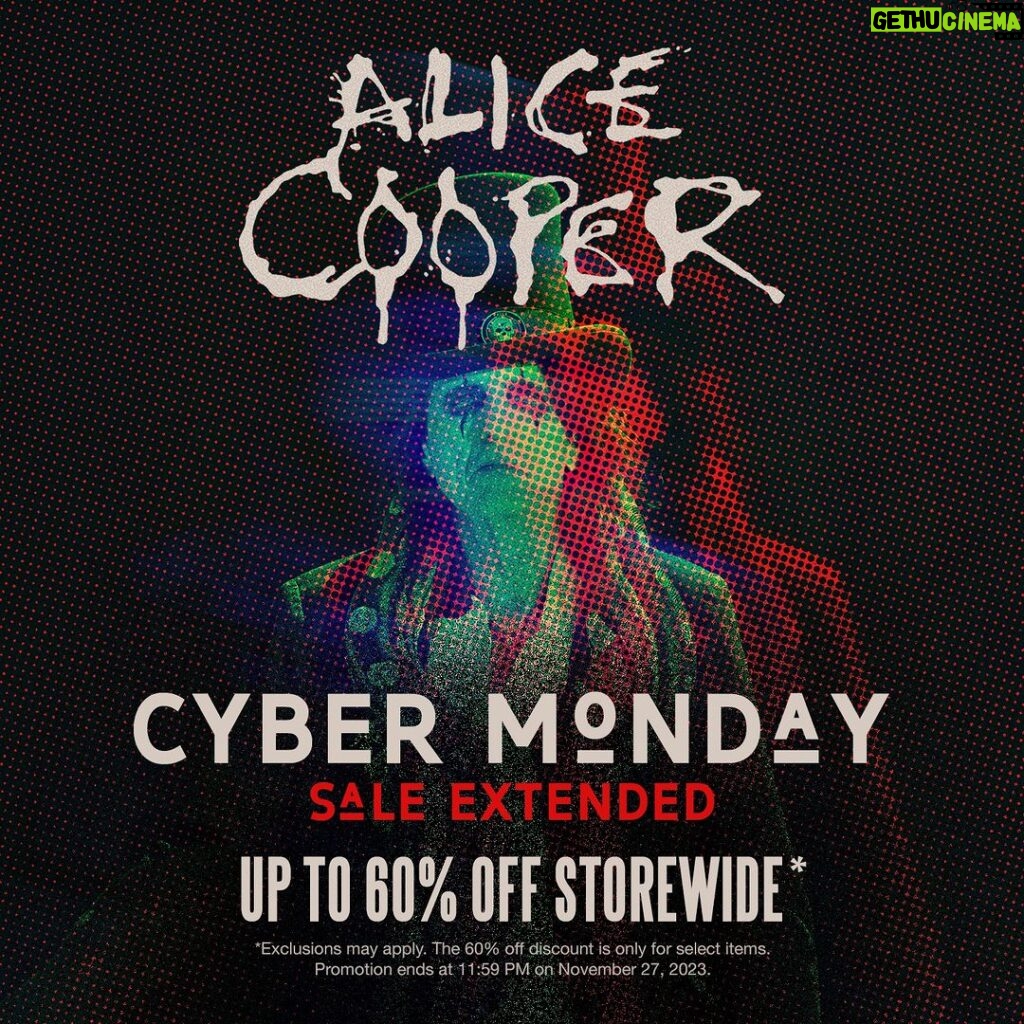 Alice Cooper Instagram - Just when you thought it was over, the gift keeps on giving. Score up to 60% off storewide Cyber Monday. But hurry, this sale ends tonight! 🔗: https://www.shop.alicecooper.com
