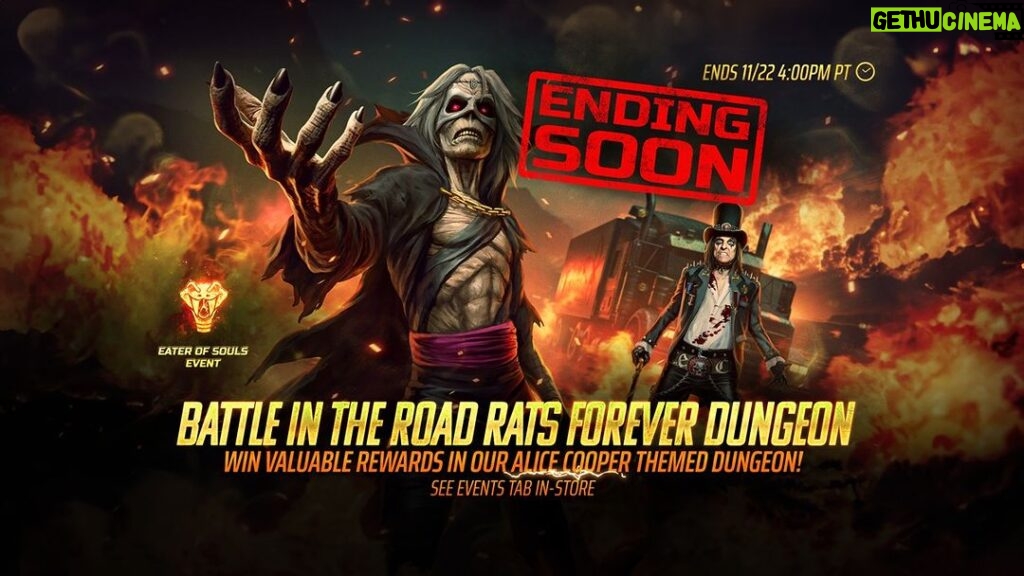 Alice Cooper Instagram - The clock is ticking and there are only a few hours left in the electrifying 'Road Rats Forever’ Dungeon Event! Don't miss your chance to secure the ultimate prize by adding Alice Cooper to your Legacy of the Beast collection! #IronMaiden #AliceCooper #LOTB 🔗: https://ironmaidenlegacy.com/portfolio_page/alice-cooper-collaboration/