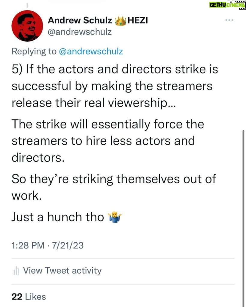 Andrew Schulz Instagram - Actors and Writers might be unknowingly striking themselves out of jobs. Just a hunch 🤷‍♂️. What y’all think?