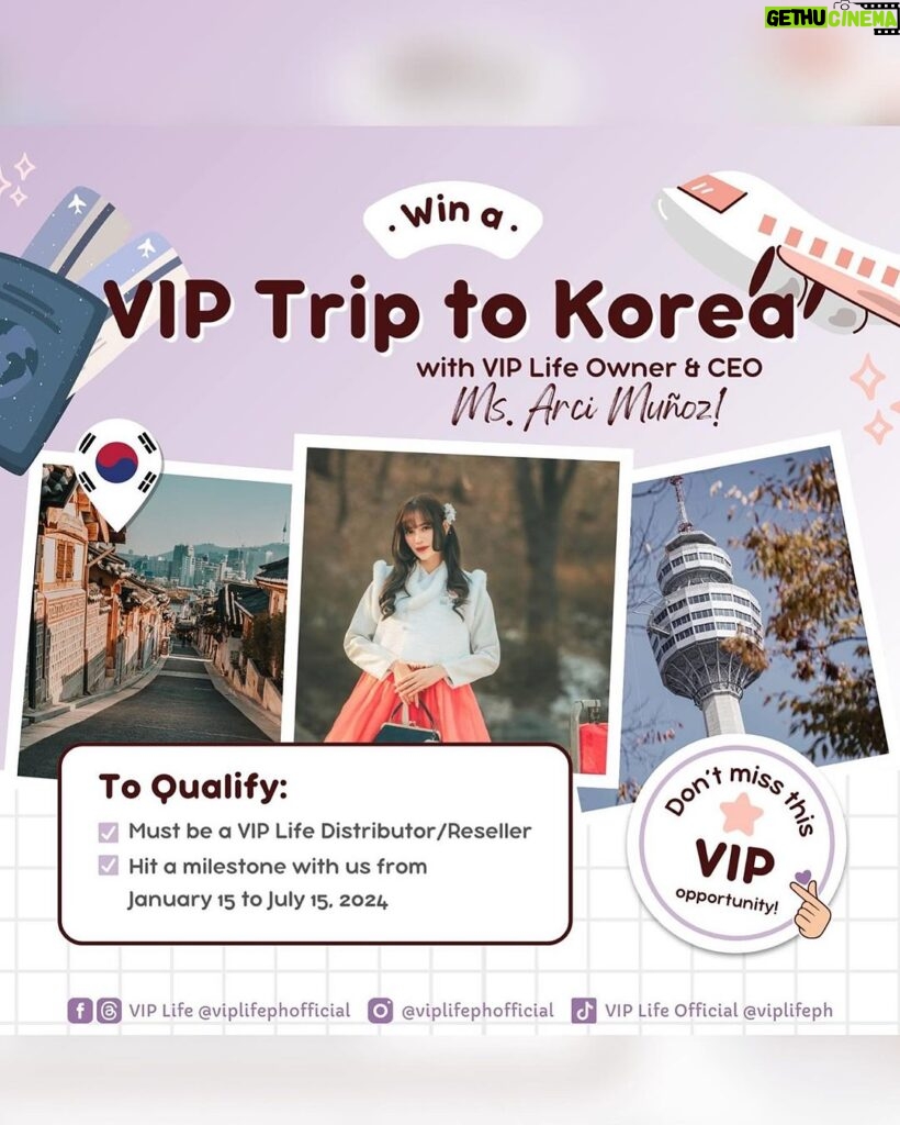 Arci Muñoz Instagram - 𝑻𝒉𝒆 𝒄𝒆𝒍𝒆𝒃𝒓𝒂𝒕𝒊𝒐𝒏 𝒊𝒔 𝒔𝒕𝒊𝒍𝒍 𝒐𝒏! 🎉🎉🎉 Be part of the #vipclub and get the chance to come with us to #southkorea may negosyo ka na nakapag korea ka pa! It’s party time at VIP Life CEO’s crib because it’s their birth month! And guess what? The VIP Club is heading to South Korea, baby! 🇰🇷🇰🇷🇰🇷 This is your chance to join the club and score a trip to SoKor with none other than the fabulous Ms. Arci Muñoz . Don’t miss out on this once-in-a-lifetime adventure! ✈️✈️✈️ 𝐌𝐄𝐂𝐇𝐀𝐍𝐈𝐂𝐒: Follow us! @viplifephofficial 1) You must be a 𝙧𝙚𝙨𝙚𝙡𝙡𝙚𝙧 𝙤𝙧 𝙙𝙞𝙨𝙩𝙧𝙞𝙗𝙪𝙩𝙤𝙧 𝙩𝙤 𝙦𝙪𝙖𝙡𝙞𝙛𝙮. 2) Hit the target sales from 𝙅𝙖𝙣𝙪𝙖𝙧𝙮 15 - 𝙅𝙪𝙡𝙮 15, 2024. To join the VIP Club, check the links below: 𝐏𝐫𝐢𝐜𝐞𝐥𝐢𝐬𝐭 𝐀𝐥𝐛𝐮𝐦: https://tinyurl.com/4bpy8ev7 𝐀𝐩𝐩𝐥𝐢𝐜𝐚𝐭𝐢𝐨𝐧 𝐅𝐨𝐫𝐦: http://bit.ly/VIPLifeApplicationForm What are you waiting for? Be part of the VIP Club and win a trip to South Korea! 또 뵙겠습니다, VIP 여러분! 🛍️ 𝗦𝗵𝗼𝗽 𝗮𝘁: tiktok.com/@viplifeph #VIPLifeByArciMunoz #VipLife #ExperienceTheVIPLife #VIPLifeWithinReach #welcome2024 #SouthKorea #SoKor #arcimunoz Seoul, South Korea