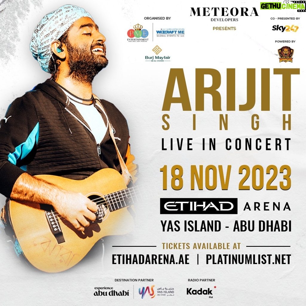 Arijit Singh Instagram - Abu Dhabi! See you all on 18th November, 2023 @pmeworld @meteoradevelopers @wizcraftglobal @burj.mayfair @pme.pass @visitabudhabi @yasisland @kadakfm @etihadarena.ae #pmeworld #pmeentertainment #arijitsingh #arijitsinghlive #arijitsinghliveinconcert #liveconcert #concerts #abudhabi #etihadarena Etihad Arena