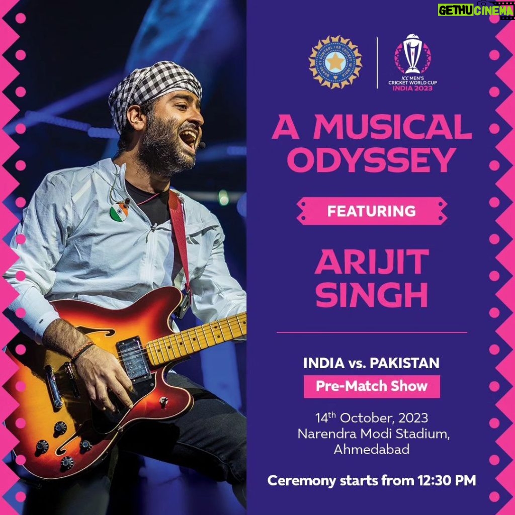 Arijit Singh Instagram - Kickstarting the much-awaited #INDvPAK clash with a special performance! 🎵 Brace yourselves for a mesmerising musical special ft. Arijit Singh at the largest cricket ground in the world- The Narendra Modi Stadium! 🏟 Join the pre-match show on 14th October starting at 12:30 PM 🎤 #CWC23 | @arijitsingh