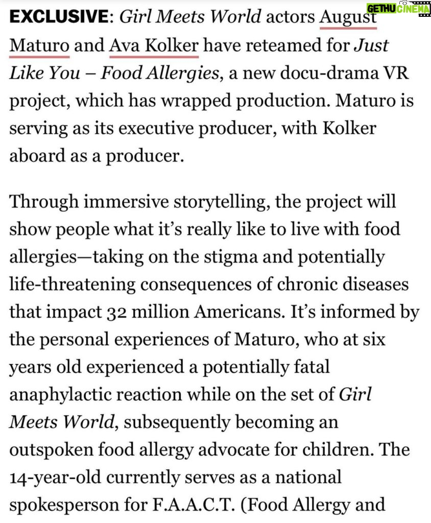 August Maturo Instagram - We are so excited to announce our new project. We are producing and starring in this film together and our hope is that this film will save lives and create a kinder world for people who live with food allergies.