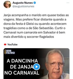Augusto Nunes Instagram - Link do vídeo nos stories.

#Janja #carnaval #tragédiadaschuvas #augustonunes