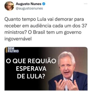 Augusto Nunes Instagram - Link para o vídeo nos stories.

#robertorequião #37ministérios #governoingovernável