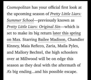 Bailee Madison Instagram - Sunny days 🅰️nd killer nights = a Final Girl Summer🔪
 @cosmopolitan has your FIRST look at @prettylittleliars summer school , plus @writerras & @lindsaycbring are sharing some hottttt gossss-ip ! 

Season Two is coming to @streamonmax this spring , and I promise you… you aren’t ready….

I freaking love these women, and this season.