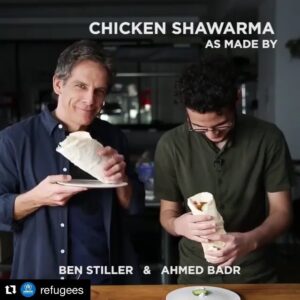Ben Stiller Instagram - My friend @mesopotami Ahmed Badr was welcomed with his family as a refugee to America from Iraq almost 10 years  ago. He showed me how to make his favorite dish from his time in Syria during his long journey here. 
Today as we see families being inhumanely separated, #worldrefugeeday celebrates that people are people all over just looking to have as good a life as possible when their lives are affected by war and famine. Circumstances that are beyond their control. 
#Repost @refugees with @get_repost
・・・
"There's this amazing familiarity that happens mid-bite."
.
@mesopotami and @benstiller teamed up for a #WorldRefugeeDay shawarma special.
.
Check out this amazing @BuzzfeedTasty video where Ben and Ahmed walk you through the recipe that brought back childhood memories.
.
Video credit: @BuzzfeedTasty
.
#WorldRefugeeDay #withRefugees #Tasty #RefugeeDay #refugees #shawarma #yum #recipes #Iraq #cooking #foodstagram worldrefugeeday