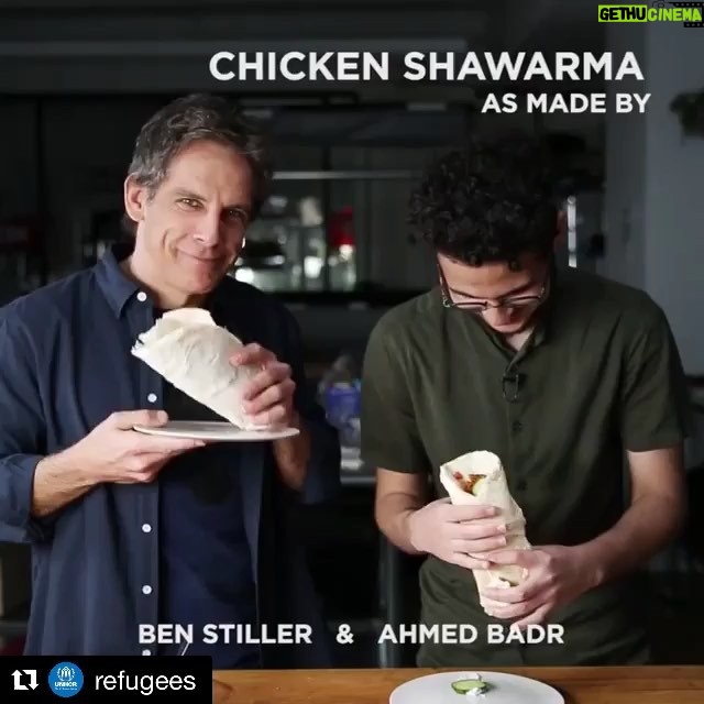 Ben Stiller Instagram - My friend @mesopotami Ahmed Badr was welcomed with his family as a refugee to America from Iraq almost 10 years ago. He showed me how to make his favorite dish from his time in Syria during his long journey here. Today as we see families being inhumanely separated, #worldrefugeeday celebrates that people are people all over just looking to have as good a life as possible when their lives are affected by war and famine. Circumstances that are beyond their control. #Repost @refugees with @get_repost ・・・ "There's this amazing familiarity that happens mid-bite." . @mesopotami and @benstiller teamed up for a #WorldRefugeeDay shawarma special. . Check out this amazing @BuzzfeedTasty video where Ben and Ahmed walk you through the recipe that brought back childhood memories. . Video credit: @BuzzfeedTasty . #WorldRefugeeDay #withRefugees #Tasty #RefugeeDay #refugees #shawarma #yum #recipes #Iraq #cooking #foodstagram worldrefugeeday
