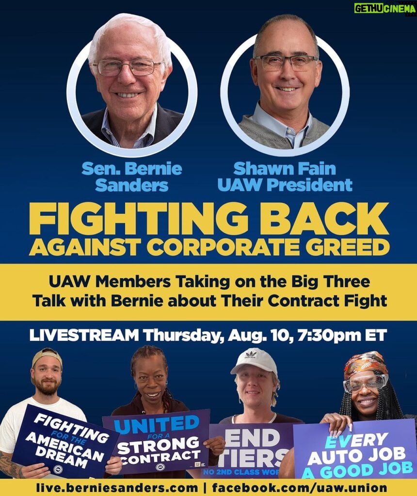 Bernie Sanders Instagram - TOMORROW at 7:30pm ET: The Big 3 car makers made $21 billion in the first 6 months of 2023. Join me, @uaw.union President Shawn Fain, and autoworkers for an important livestream discussion about their fight for economic justice.