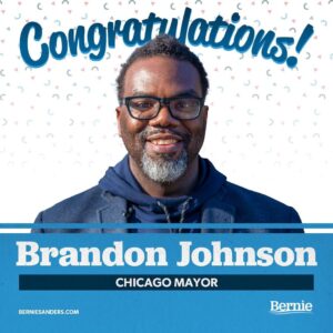 Bernie Sanders Instagram - Last night, the people of Chicago proved that when they stand together, they can elect leadership that will invest in the needs of working families, not the wealthy and well-connected.

CONGRATULATIONS to Mayor-Elect @brandon4chicago on your win last night!