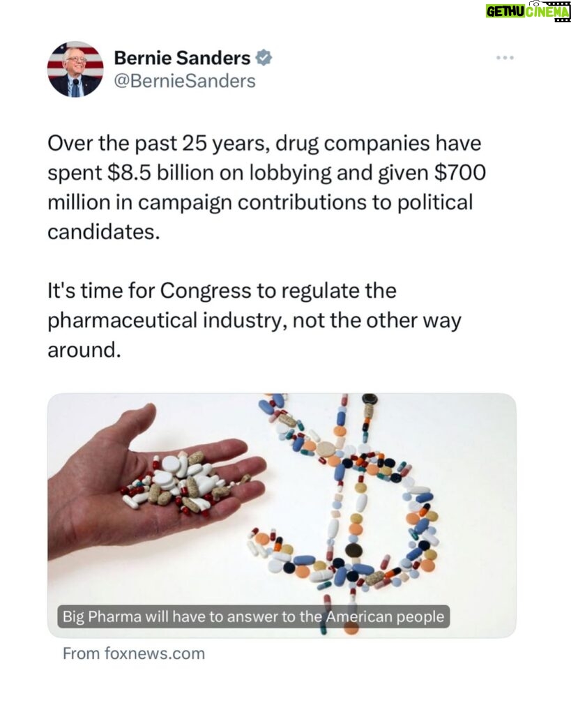 Bernie Sanders Instagram - Over the past 25 years, drug companies have spent $8.5 billion on lobbying and given $700 million in campaign contributions to political candidates. It’s time for Congress to regulate the pharmaceutical industry, not the other way around. Read my op-ed here: https://www.foxnews.com/opinion/big-pharma-answer-american-people