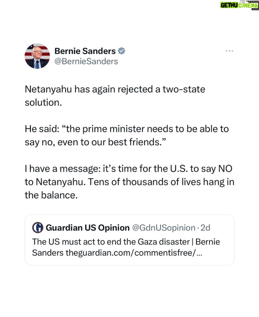 Bernie Sanders Instagram - Netanyahu has again rejected a two-state solution. He said: “the prime minister needs to be able to say no, even to our best friends.” I have a message: it’s time for the U.S. to say NO to Netanyahu. Tens of thousands of lives hang in the balance. Read the full op-ed here: https://amp.theguardian.com/commentisfree/2024/jan/27/the-us-must-act-to-end-the-gaza-disaster