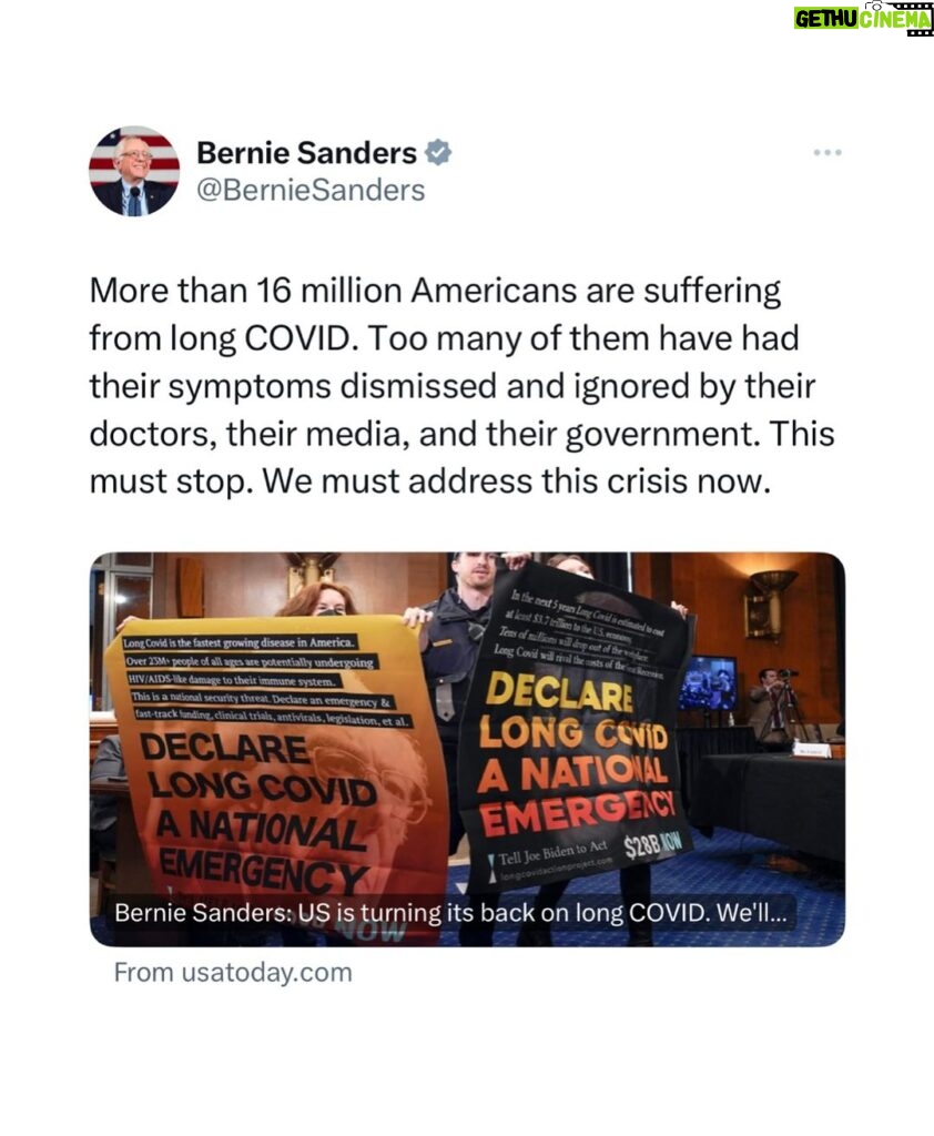 Bernie Sanders Instagram - More than 16 million Americans are suffering from long COVID. Too many of them have had their symptoms dismissed and ignored by their doctors, their media, and their government. This must stop. We must address this crisis now. Read my full piece here: https://www.usatoday.com/story/opinion/voices/2024/01/26/long-covid-paxlovid-costs-plaguing-american-healthcare/72337750007/