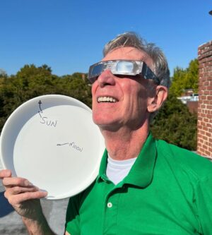Bill Nye Instagram - Tomorrow, many in North, Central, and South America will have the chance to witness an annular solar eclipse.

If the Sun were as big as this disk, the Moon would be as big as this dot. The disk would be 400 x the distance from me to the camera. Don’t forget to wear protective glasses!