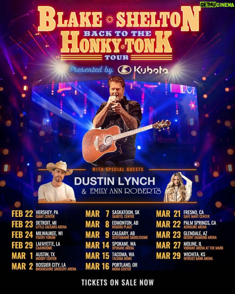 Blake Shelton Instagram - All tickets for the #BackToTheHonkyTonk Tour presented by @kubotausa are on-sale NOW!!! Get your tickets at blakeshelton.com and don't miss Blake, @dustinlynchmusic, and @emilyann_music on the road next year!!!! -Team BS 🤠