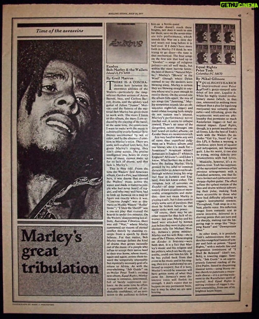 Bob Marley Instagram - MARLEY’S GREAT TRIBULATION Check out this scathing 1977 album review of EXODUS by @rollingstone magazine music critic. 🤨 See excerpts here: “There is a contradiction here between the enormous abilities of the Wailers - particularly the magnificent rhythm section of Aston Barrett, bass and Carlton Barrett, drums and the spidery lead guitar of Julian ‘Junior’ Marvin – and the flatness of the material Bob Marley has given them to work with.” “There are some well-crafted lines here, but given Marley’s singing, they don’t come across.” “Exodus doesn’t reach these heights, nor does it seem to aim for them.” “On the second side, the album falls apart.” “If I didn’t have more faith in Marley, I’d think he was trying to go disco.” “What bothers me is that I have the feeling that Marley, likely pressed by his label to continue the search for an American break-through without losing his original base in Jamaica and England, does not know (who this album is made for) either.” The album went gold anyway later that year because the people loved it and in 1999 it was named Album of the Century . ☝🏾❤️ Watch the making of Exodus in the #BobMarley: @OneLoveMovie showing at theatres everywhere. JAH