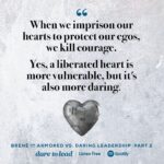 Brené Brown Instagram – This is Part 2 of our two-part series on daring leadership, where I unpack four more common types of armor that we use to self-protect when we’re in fear, including cultivating a fitting-in culture versus a belonging culture; leading reactively versus leading strategically; and resisting change versus accepting and embracing change.