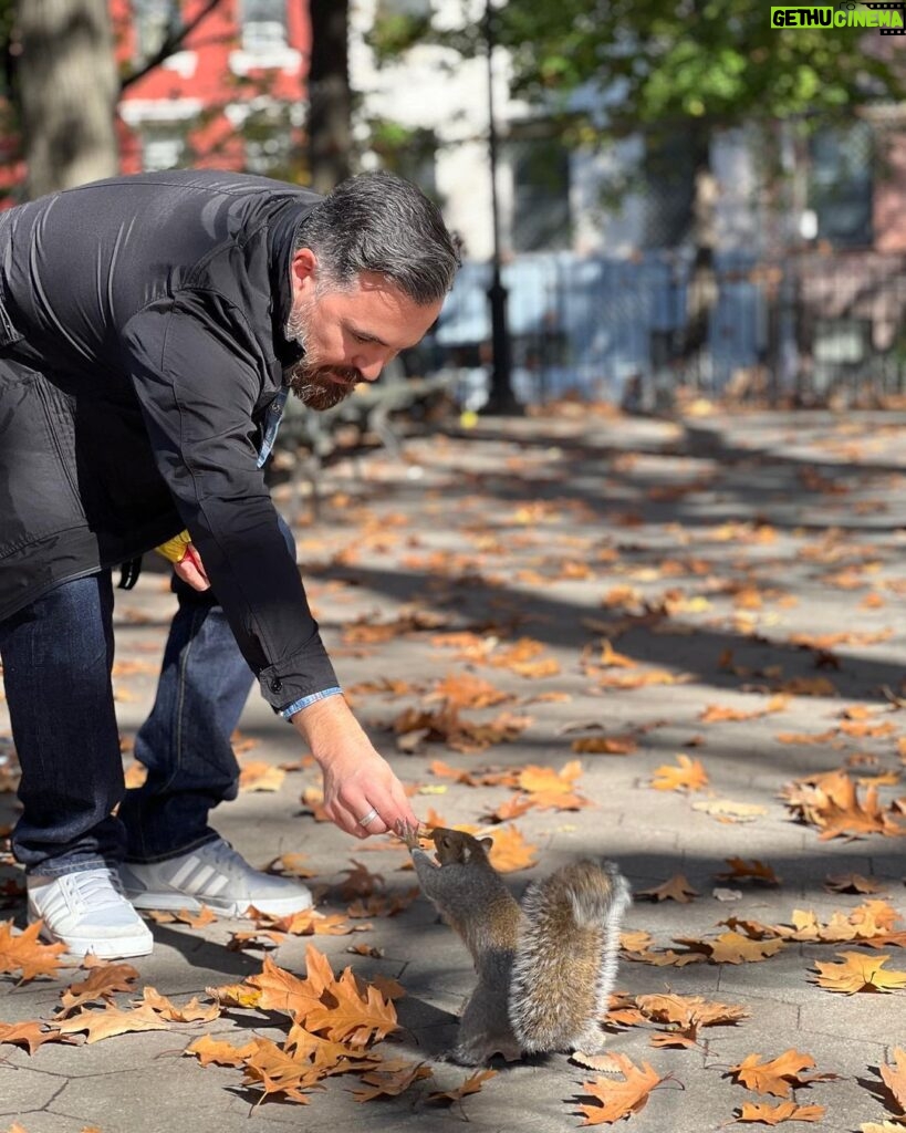Brian Quinn Instagram - Word about me and my pocket full of peanuts is spreading through the New York City squirrel population. Here is me greeting a new friend in Tompkins Square Park. Photo by @jessicafrickerr