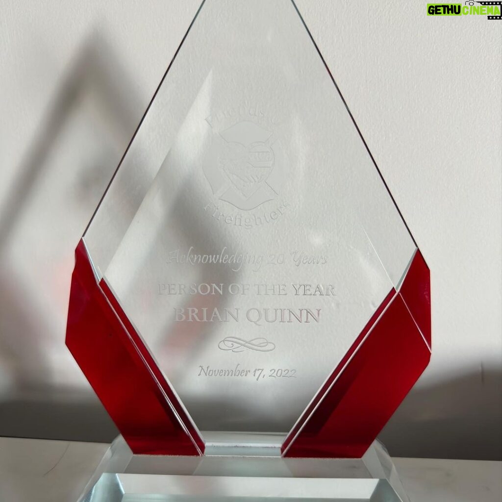 Brian Quinn Instagram - I recently had the absolute honor of being named The 2022 @friendsoffirefighters Person Of The Year. I hold my time with the @FDNY as one of the most significant and defining periods of my life, so it’s very important to me to still be involved with that community in any way I can. The FOF does important support work for firefighters, so if you’re looking for a place to donate to for the holidays, you could do a lot worse. Here is me as probationary firefighter way back in 2005 at my beloved Ladder 86, followed by me last month at the award ceremony. Not a lick of gray hair back then. I had friends, family and firehouse guys there to watch me accept the award and I loved it. Thank you @friendsoffirefighters for the honor. I am extremely grateful to be involved in your good works.