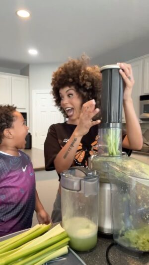 Brittany Renner Instagram - My son isn’t a fan of the taste just yet, but he has been a wonderful helper 😆😂🥰♓️♉️

I drink 25oz-32oz on an empty stomach. Celery juice should be made fresh and consumed alone with nothing added to receive its healing benefits.

Why do I drink it? Lowers inflammation, supports weight loss, helps heal digestion, reduces bloating, helps eczema and psoriasis, fights infections, helps prevent UTIs, healing for acne, prevents high blood pressure, helps lower high cholesterol, helps prevent ulcers, and protects liver health.

I am using the Breville® Juice Fountain Cold Plus Stainless Steel Juicer. 

All the information I’ve obtained regarding this topic is courtesy of @medicalmedium.
