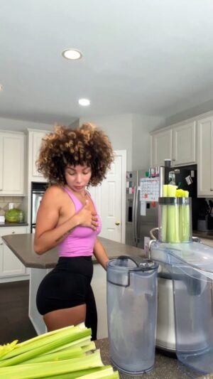 Brittany Renner Instagram - I drink 25oz-32oz on an empty stomach. Celery juice should be made fresh and consumed alone with nothing added to receive its healing benefits.

Why do I drink it? Lowers inflammation, supports weight loss, helps heal digestion, reduces bloating, helps eczema and psoriasis, fights infections, helps prevent UTIs, healing for acne, prevents high blood pressure, helps lower high cholesterol, helps prevent ulcers, and protects liver health.

I am using the Breville® Juice Fountain Cold Plus Stainless Steel Juicer. 

All the information I’ve obtained regarding this topic is courtesy of @medicalmedium.

I’m wearing my @rebelbybrittanyrenner leggings in a size small. Buy 1, get 1 free using code: BBW11 

Happy juicing!