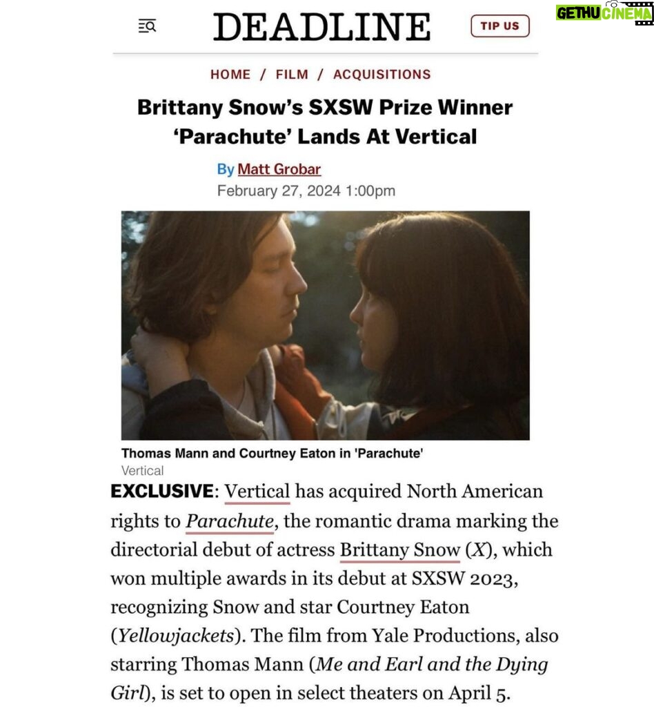 Brittany Snow Instagram - So excited and grateful #ParachuteFilm will be released APRIL 5th 🪂🪂🪂 (VOD, streaming and select theaters). So much love and thanks to our friends at @verticalentertainment for believing in this movie. Can’t wait for everyone to cry! (Just a little)