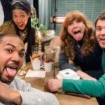 Bryce Dallas Howard Instagram - Burgers and fries, the perfect candlelight dinner 😋⁣ ⁣ [ID: Clockwise from left: Alano, Nia, Bryce, and Seth are all smiles (and silly faces), celebrating the weekend with a group dinner outside on a patio.]