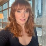 Bryce Dallas Howard Instagram - Views from beautiful, magical Toronto — it’s beginning to feel a lot like the holiday season ❤️ ⁣ ⁣ [ID: Wearing a navy-blue blouse and her hair in curly waves, BDH takes a selfie by a window in her Toronto hotel room. Outside the window, the next morning, is a light dusting of snow across roof tops and trees.]