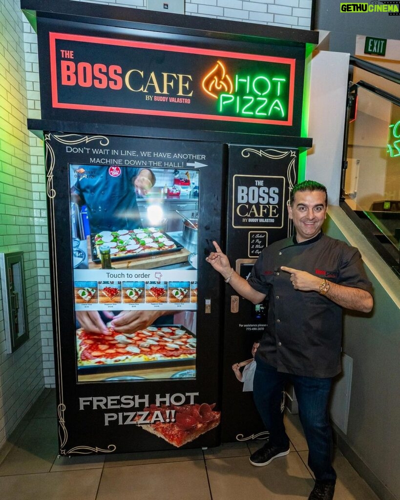 Buddy Valastro Instagram - Celebrate #NationalCheesePizzaDay 24/7 in cafe or at our pizza vending machine. We’ve got all the fresh mozzarella cheesy goodness waiting for you! #buddyvalastro #bosscafe #bakerypizza #alldayallnight #atm #pizzavendingmachine #vegas #thelinq #pizza #pizzalover #freshmozzarella #cheesepizza Las Vegas Strip