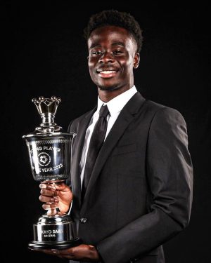 Bukayo Saka Instagram - PFA Young Player 🏆 It's an honour for me to accept this award and have my name alongside the previous winners. To have your peers acknowledge you is a very special feeling! Thank you to the PFA and congratulations to all the other winners and nominees this evening 👏🏿 #GodsPlan