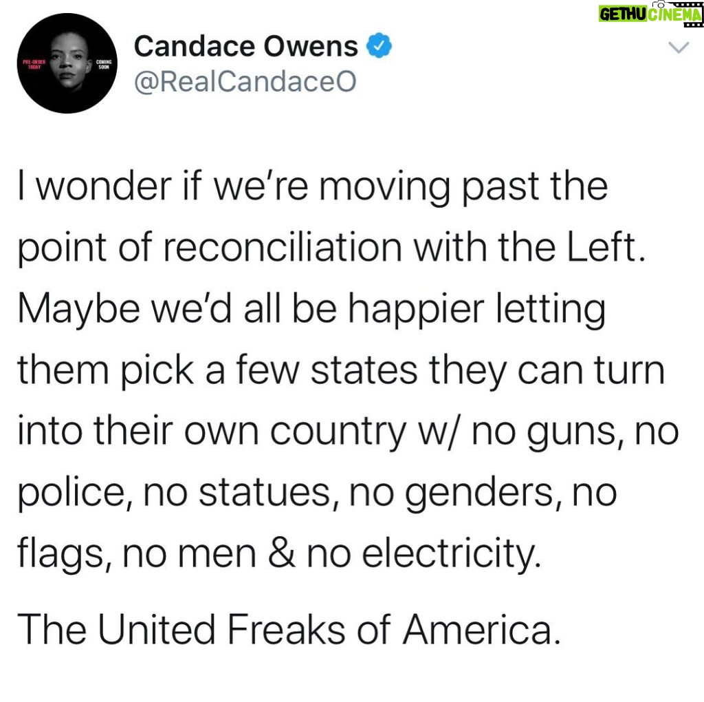 Candace Owens Instagram - They can pick a trans non-binary queer to be their President before Antifa and BLM burns down the White House— (for the sin of being white, of course). We can get our wall, but will pívot the project to keep leftists out because at this point, I’d take 1 million undocumented Mexicans over 10 leftists, any day of the week. We’ll assume they want no territory in the south (because slavery happened there, duh) and that they’ll want to keep California since they’ve already spent so much time and effort destroying it. No religion in the UFA (they will strictly worship celebrities), and nobody will work ever because they are somehow going to keep stealing from one another and sustain their economy. White people will bow and wash the feet of black people daily. And if they don’t, they will be forced to wear the scarlet “R” (racist) upon their chest. Also no electricity, or planes, obviously. It’s the only way to save the planet from exploding in 10 years. Everyone must do their part in the UFA. All I’m saying is that leftist Secession should not be completely off the table. Bc at this point, I’d live in a teepee in Nebraska if it meant not having to continue to watch these amoral cretins continue to rob and loot and destroy this great nation. #Trump2020