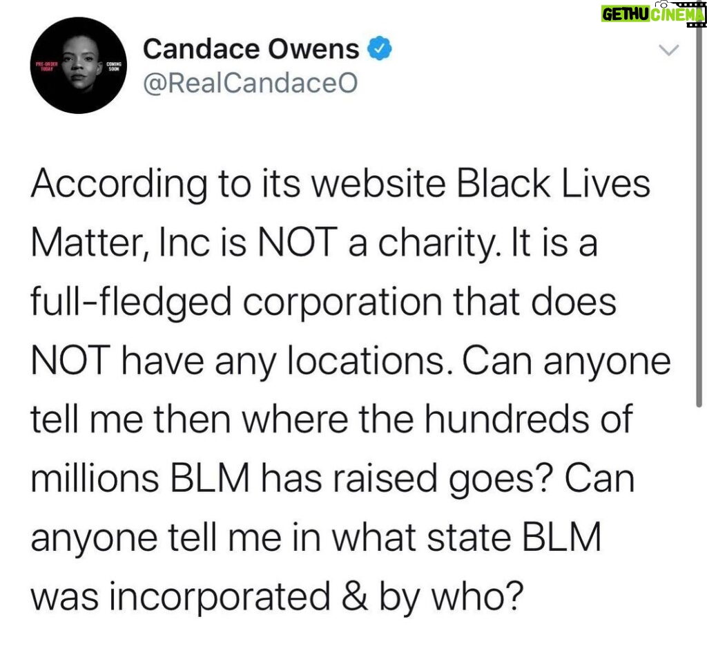Candace Owens Instagram - Let’s play a game called SHAM organization. Black lives Matter incorporated has raised hundreds of millions of dollars and it is not charity). Take some time today and try to figure out why it has no central location, and why it doesn’t seem to be registered anywhere. 1,000 dollars for whoever can answer this question: to what corporation does the money wind up when you donate to Black Lives Matter online?