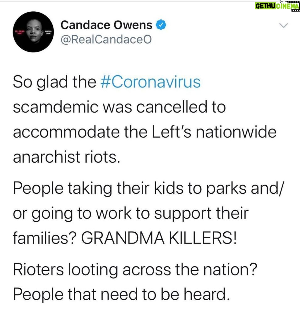 Candace Owens Instagram - Only in an election year can America go from “10 times more deadly than the flu” tyranny, to nationwide anarchy in a matter of weeks. If millions of American don’t die from the rapid spread of the Covid-19 acquired during these riots, than it is time to admit that #coronavirus was an election ploy to depress our economy. The Democrats were willing to allow MILLIONS of Americans to lose their jobs in an effort to stunt our booming economy, and jam through their socialist agenda. The goal was to force millions of Americans into government dependency, so that their leftist politicians can offer hand-outs in returns for votes in November. Under Trump, too many Americans were coming off welfare, thereby decreasing the appeal of the Democrat’s election promises for more “free stuff”. Americans were becoming more hopeful, and families were becoming more independent. Then all of that magically stopped with forced shutdowns, all across America— led by Democrat governors who claimed it was necessary for “safety”. We knew the numbers never made any sense. These riots prove it was never about safety or social-distancing. It was about protecting the only means that the Democrats have to guarantee votes: creating slaves to government handouts. HOW CAN ANYONE VOTE DEMOCRAT EVER AGAIN? THESE PEOPLE ARE SATANIC, and there is no doubt in my mind that it is their anarchist groups (ANTIFA, BLM) that are being bussed into Minnesota to fan the chaos, while blaming it on black Americans that are upset over George Floyd.