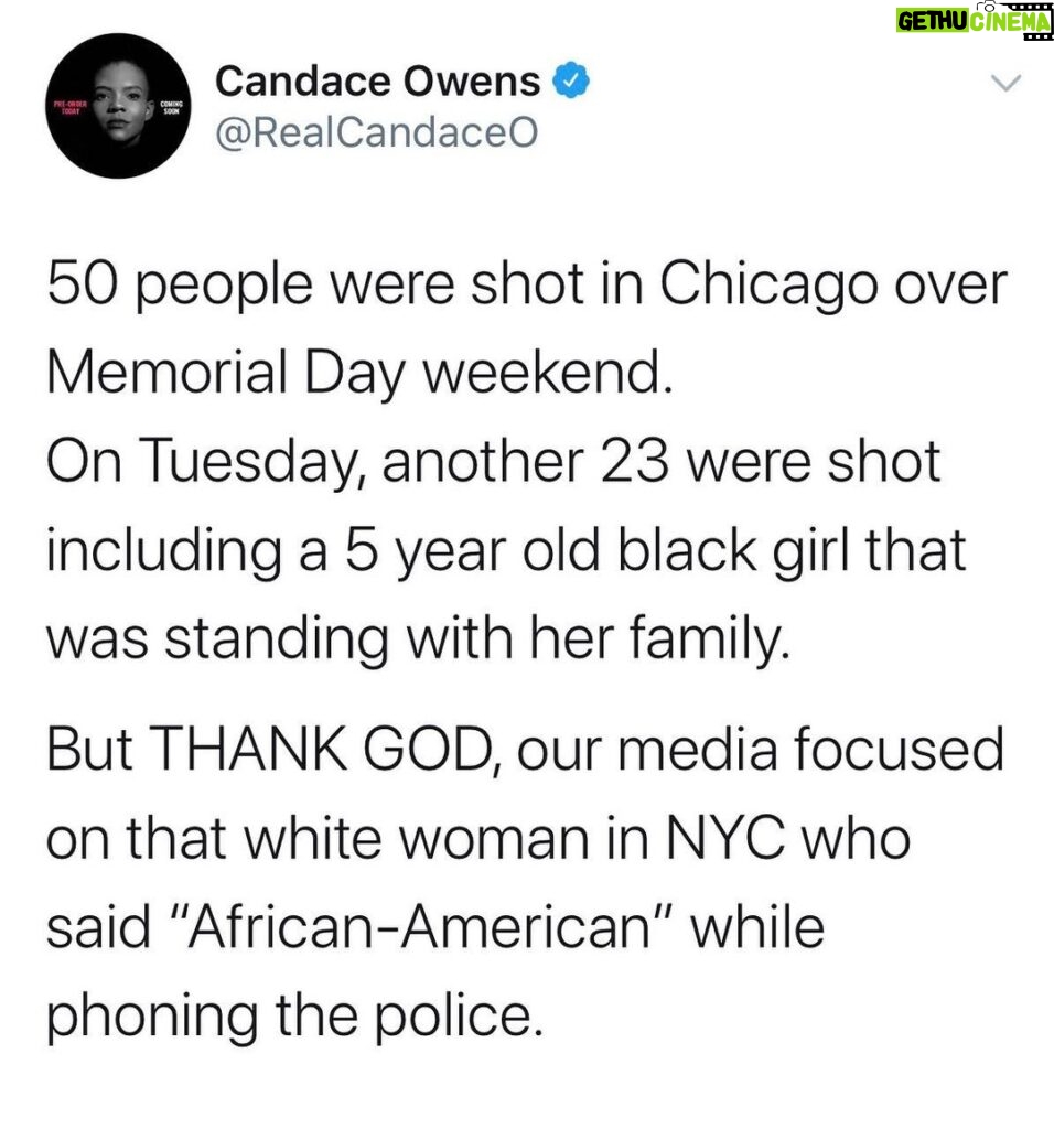 Candace Owens Instagram - If you didn’t express outrage over what happened in Chicago but found yourself instead weighing in on 2 Karens in a park, you might be a victim of media brainwashing.