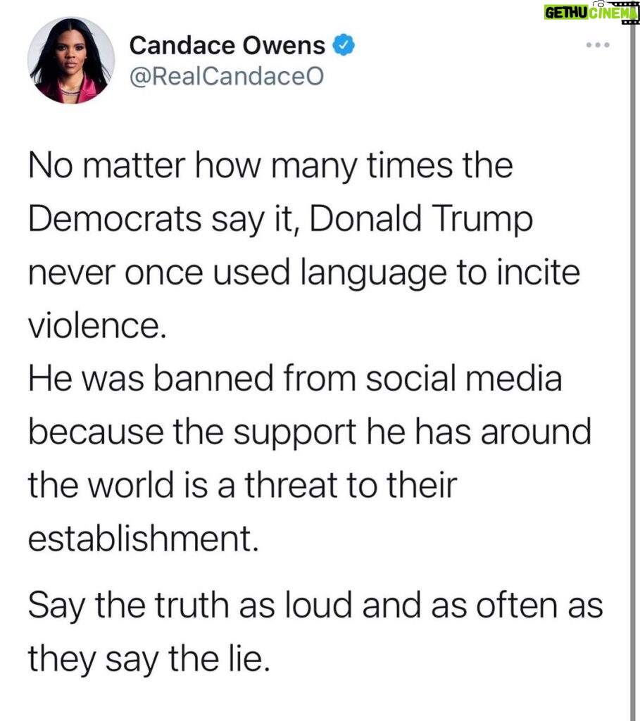 Candace Owens Instagram - Never be afraid to speak truth. No matter how much censorship and totalitarianism within the corporate media— we must all do our part to scream the truth every single day. What the Democrats did to President Donald Trump, to the Parler App, and to millions of Americans will be looked back upon as the biggest crime of our time. Say the truth— to your family, to your friends and on your platforms every single day. Evil is only conquered by goodness. The Big Lie is only conquered by the Big Truth.