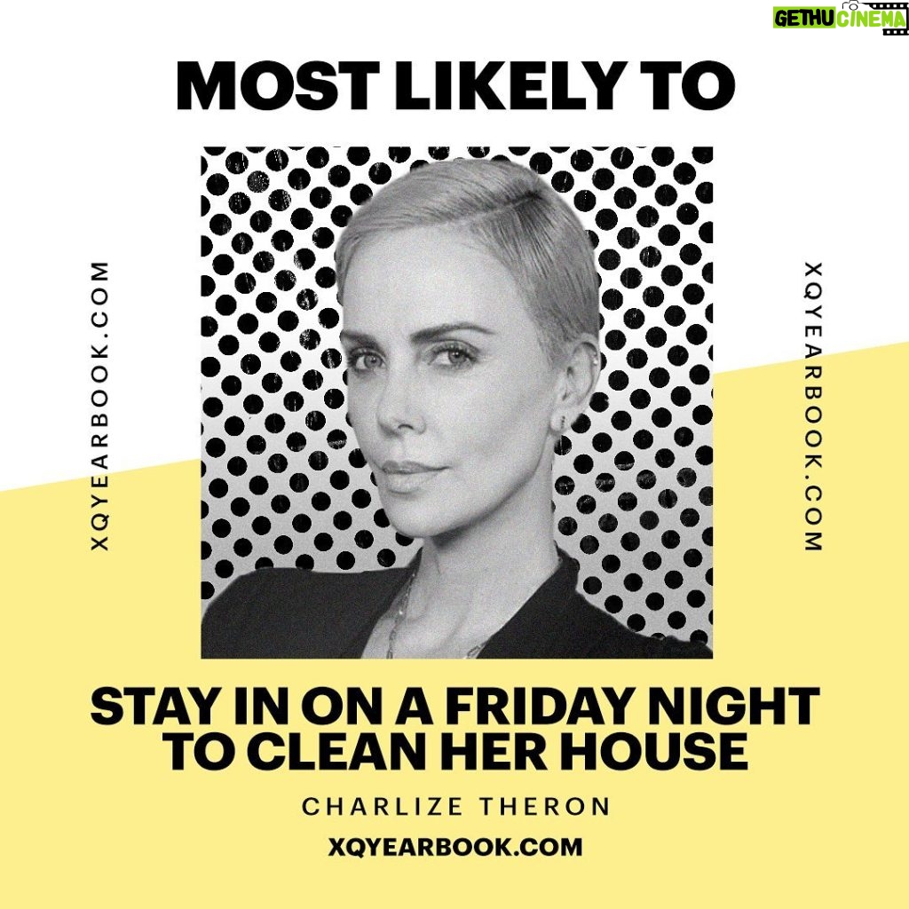Charlize Theron Instagram - Having so much fun with the @XQAmerica Yearbook pics! And yes cleaning > clubbing any day. Each valid photo submission gets $2 donated in support of student mental health, so every upload counts!❣️Submit to the #XQYearbook, and join students across the nation giving back at the link in my bio! #InsideOutProject