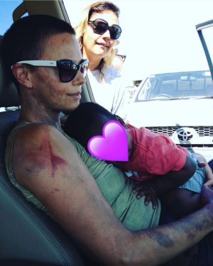 Charlize Theron Instagram - I became a mom right before we started shooting. At least my child will forever have the fun fact of “I spent most of the first year of my life in a war rig” (special appearance by my incredible costumer Inge Hough)