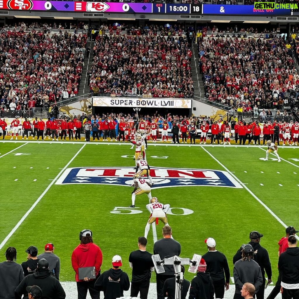 Christine Chiu Instagram - Splitting the 50 with @drchiubhps for an @usher concert and a splash of #SuperBowlLVIII … Baby G knew (slide 3) that it would burn 😭🏈💔 #ninergang #ninersnation #49ersfaithful Allegiant Stadium