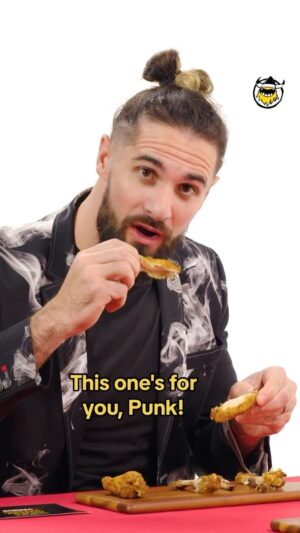 Colby Lopez Instagram - @wwerollins refuses to say anything nice about @cmpunk on #HotOnesVersus with @beckylynchwwe! @hotones @firstwefeast 🍗🔥