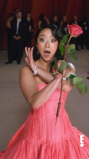 Cole Walliser Instagram - We breaking all of the rules at the Oscars with Stephanie Hsu!! I shot Stephanie earlier in the year at the Golden Globes (which I haven’t released yet) and she was very lovely, but then I met her in line when we were both waiting to walk the red carpet at the SAG awards, and we got to hang out a little bit, so when I saw her again at The Academy Awards it was like we were old pals 😜 I must say, she one of the first to use the Oscars foliage in her GlamBOT and I’m here for it! 😂😍🌹she also has a film out this weekend called JOYRIDE. I’m pumped to see it. Anyways, hopefully Stephanie starts a trend and more people GlamBOT with plants! 😝 #StephanieHsu #colewalliser #glambotbts #livefrome #academyawards #oscars #joyride