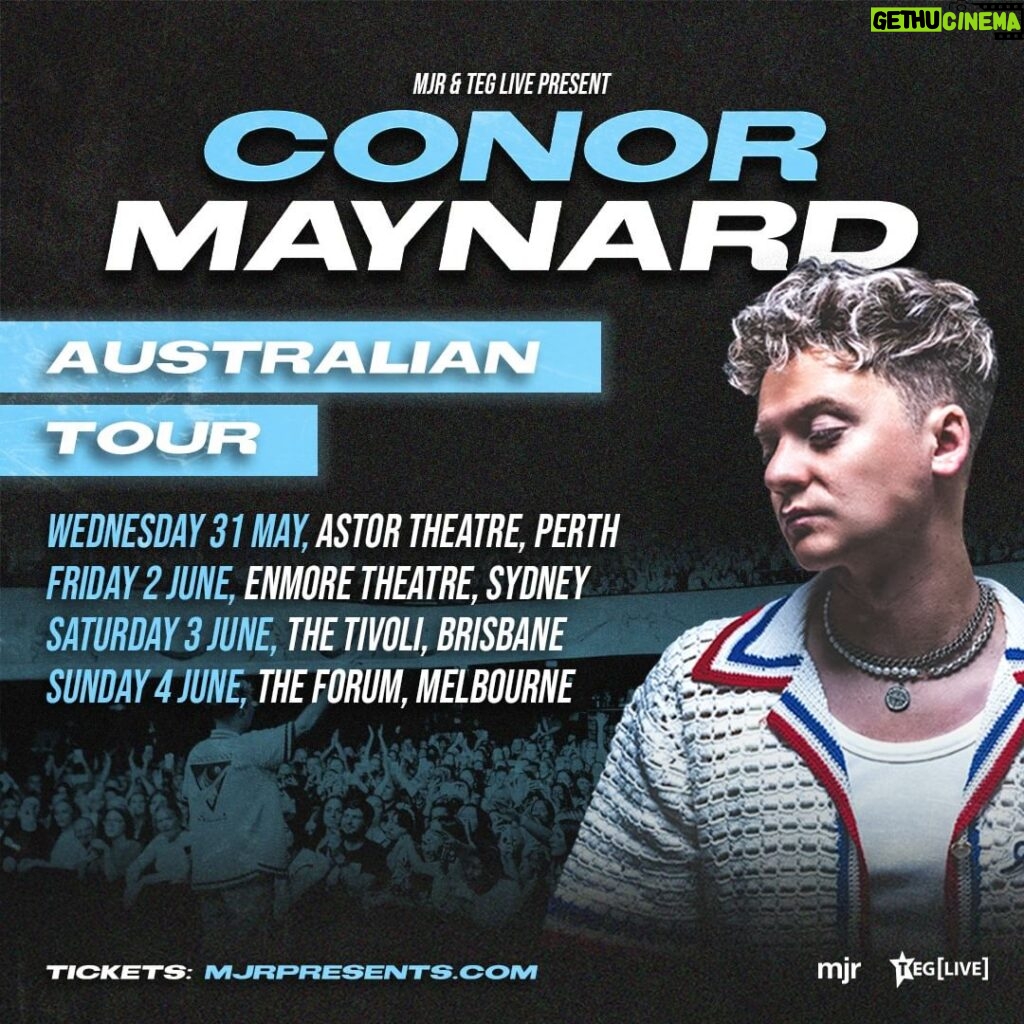 Conor Maynard Instagram - Australia! I’m finally coming to you guys! 😍 So many cities that I’ve never been to before. I’ve been seeing all of your messages for years now, supporting me from the other side of the world and asking me when I’m going to come there. Well, it’s finally happening! Tickets go on sale Wednesday 22nd Feb 12pm local time. I CANT WAIT TO MEET YOU ALL FOR THE FIRST TIME! REGISTER FOR EARLY ACCESS: Head to mjrpresents.com