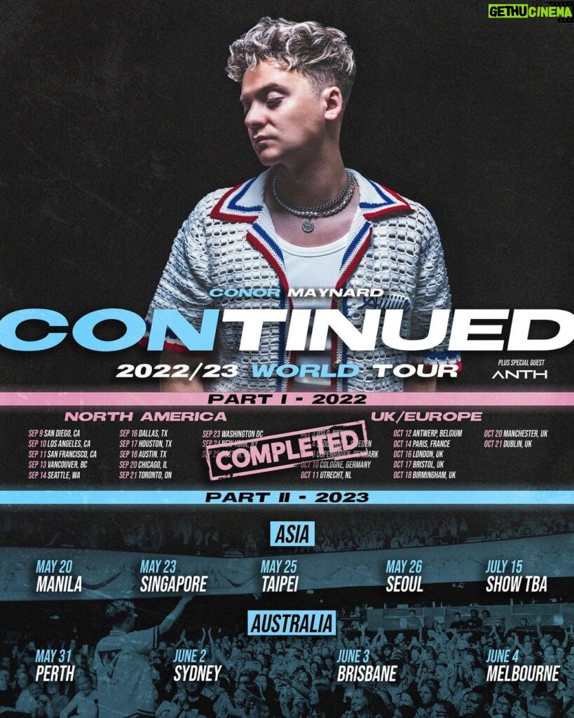 Conor Maynard Instagram - PART 2 OF MY WORLD TOUR IS HAPPENING! Asia & Australia I’m finally coming to you guys 😍 So many cities that I’ve never been to before. I cannot wait to see you all there. I’ve been seeing all of your messages for years now, supporting me from the other side of the world and asking me when I’m going to come there. Well it’s finally happening. Asia tickets go on sale Friday 17th Feb at 2pm local time and Australia tickets go on sale Wednesday 22nd Feb 12pm local time. I CANT WAIT TO MEET YOU ALL FOR THE FIRST TIME!