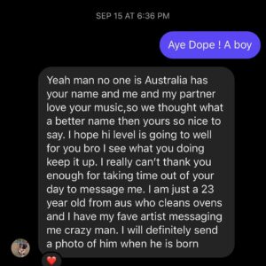 Cordae Instagram - Story time: So last year @jackotfoun DM’d me saying that his gf was pregnant and they were going to name their son after me. Having a kid myself, I realize more than ever how much of a honor that is. So when I got to tour in Australia this year I just had to meet to young kid Cordae’ ! Beautiful kid! Man, I never thought my music would go so far and inspire people to the point that a cpl in Australia would name their first born son after me🤯. Hip hop is a beautiful thing. Peace and blessings to this family ❤️