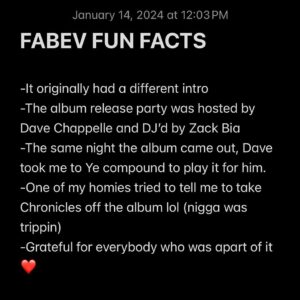 Cordae Instagram - FABEV turns 2 today. Aging like fine wine 🍷 haha. This album taught me many things. 1. To drown out all the outside noise, and the internet is not real life ! I remember I was feeling down about some of the the initial reception of the album. But then we did a worldwide headline tour in 2X capacity venues as my last tour, and sold that shit out! To my fellow artist of all levels, block out all the outside noise and just build your tribe and audience. Brick by brick ! Fuck a first week sale chase ! I’m confident as ever in my art and have been working on it everyday! The Crossroads is otw ! Thankful for yall ❤️📶