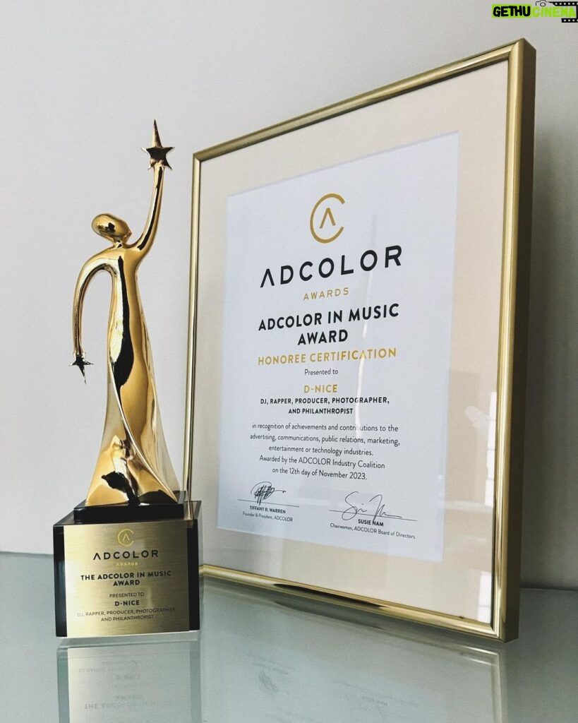 D-Nice Instagram - My @adcolor award arrived today. Once again, my deepest gratitude to the AdColor team for honoring me. I take none of these blessings for granted. What a journey! 🙏🏾🙏🏾🙏🏾 Pic 2 & 3 by @akintayoadewole