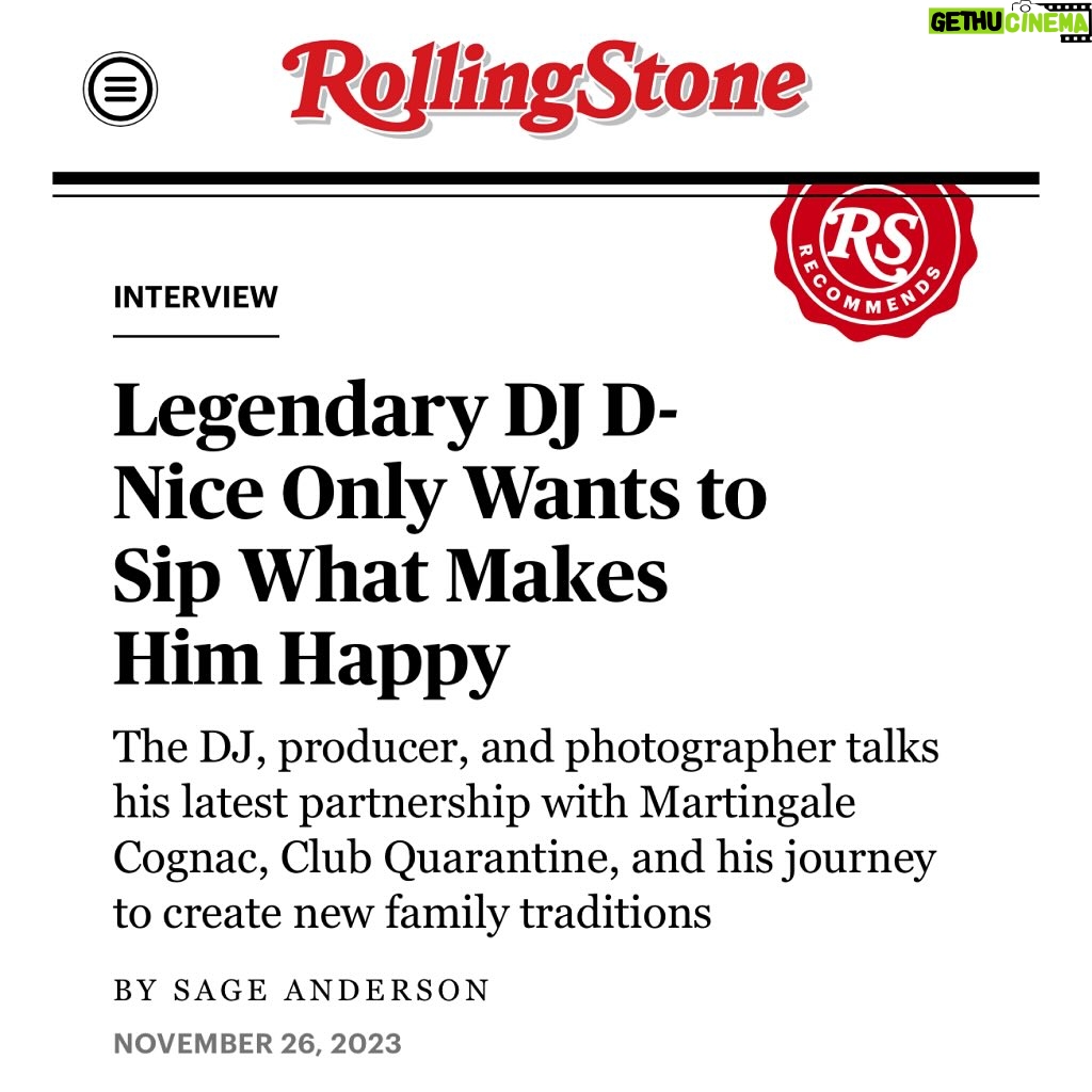 D-Nice Instagram - Grateful for this interview with Sage Anderson for @rollingstone magazine! Excited and honored to be part of the @MartingaleCognac family. Interview link in bio. 🥃Cheers! #MartingaleCognac