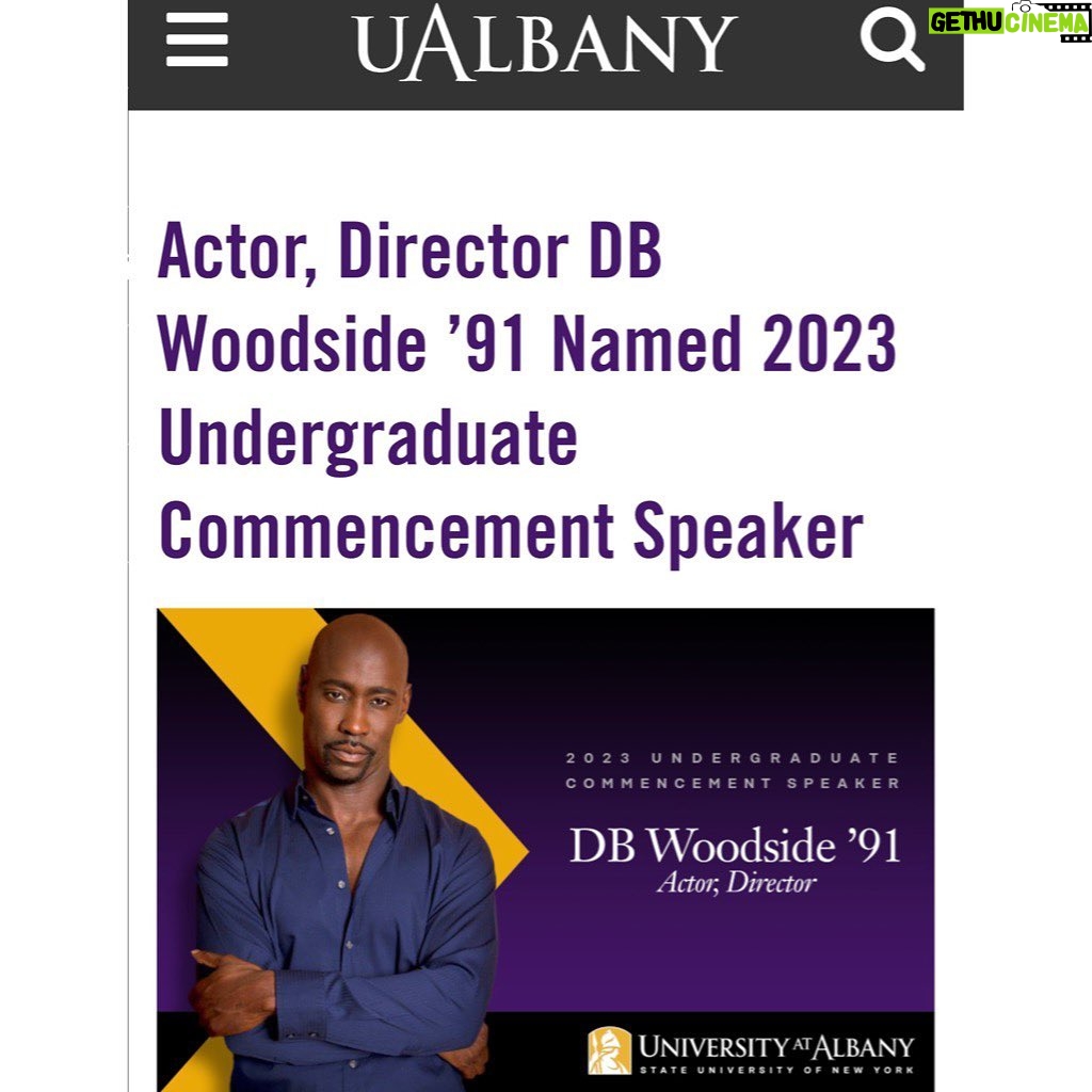 D.B. Woodside Instagram - I am truly honored to be a commencement speaker on Saturday at my undergrad alma mater, @ualbany. I have many fond student memories from there which shaped me not only as an actor but as a person too. I look forward to sharing some thoughts with the class of 2023! #ualbany #greatdanes #purpleandgold 💜💛
