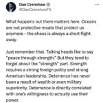 Dan Crenshaw Instagram - FBI Director says he’s never seen threats elevated to this level. From my position on the Intelligence Committee, I can 100% confirm this to be true. There are a number of factors causing this. First, our enemies don’t fear us and our friends aren’t sure if we have their backs. This causes inevitable chaos. Bad actors will push limits. Second, our open border is a major liability, for obvious reasons. Third, decades of Islamist propaganda on our campuses and around the world have created the potential for “home grown terrorism” inspired by the recent Hamas attacks and Israel’s war against them as a result.
